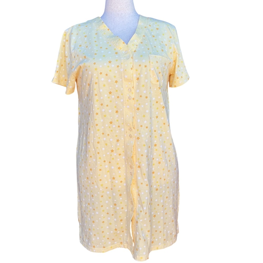 Vintage Nightgown L/XL Yellow Star Print Button Front Cotton Blend Cottagecore